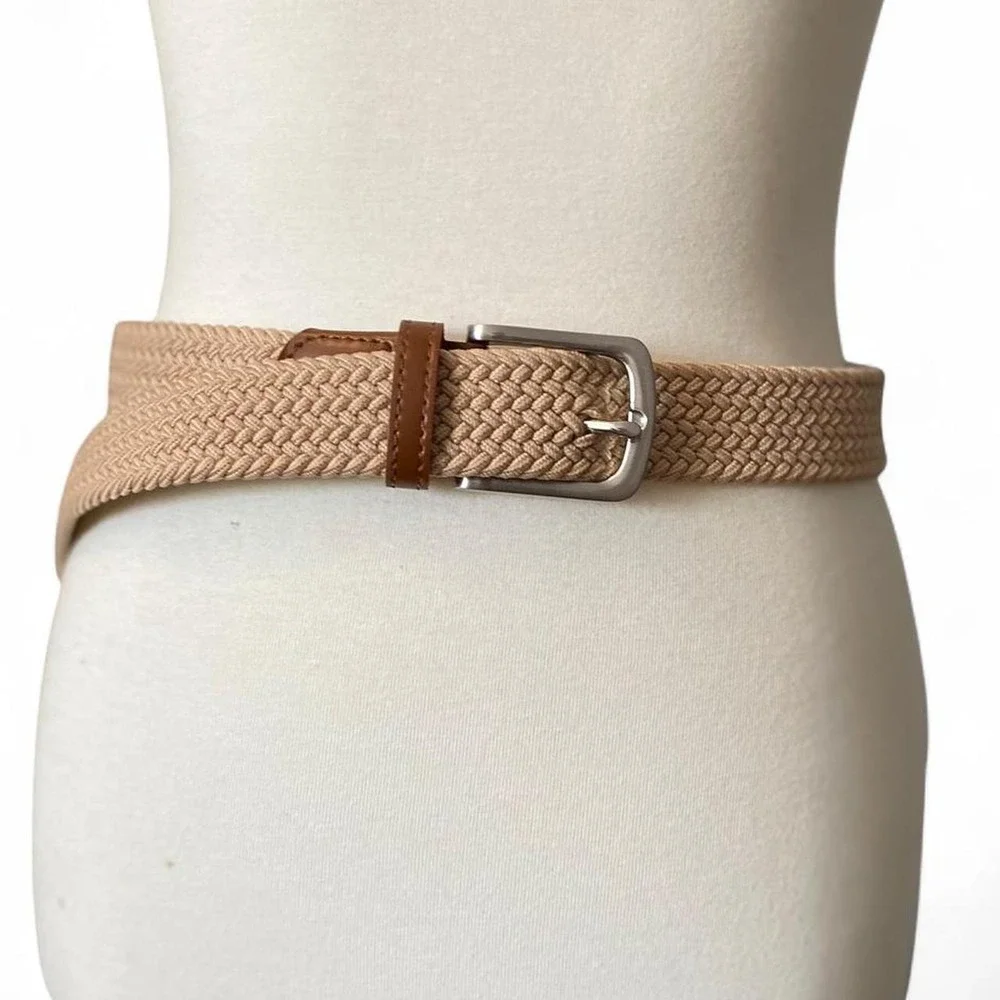 Brown leather and beige knit belt